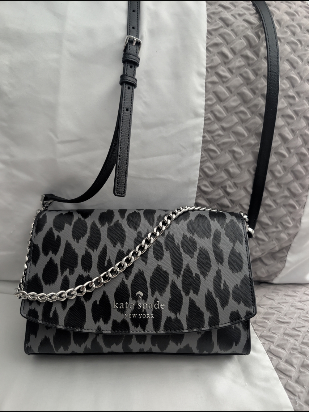 kate spade Black & Gray Leopard-Print Crossbody with Silver Chain